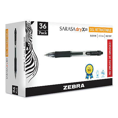 Zebra Sarasa Dry Gel X20 Gel Pen, Retractable, Medium 0.7 mm, Black Ink, Clear/Black Barrel, 36/Pack (ZEB46136)