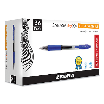 Zebra Sarasa Dry Gel X20 Gel Pen, Retractable, Medium 0.7 mm, Blue Ink, Clear/Blue Barrel, 36/Pack (ZEB46236)