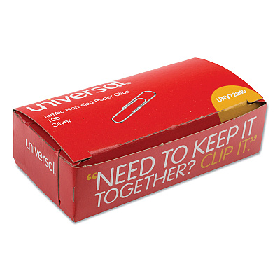Universal Paper Clips, Jumbo, Nonskid, Silver, 100 Clips/Box, 10 Boxes/Pack (UNV72240)