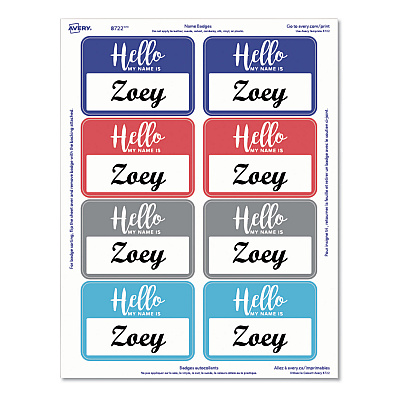 Avery Flexible Adhesive Name Badge Labels, "Hello", 3 3/8 x 2 1/3, Assorted, 120/PK (AVE8722)