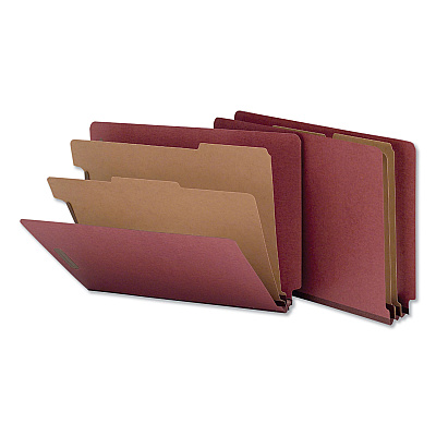 Universal Red Pressboard End Tab Classification Folders, 2" Expansion, 2 Dividers, 6 Fasteners, Letter Size, Red Exterior, 10/Box (UNV10315)
