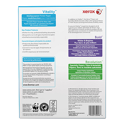 Xerox Vitality Multipurpose Print Paper, 92 Bright, 20 lb Bond Weight, 8.5 x 11, White, 500/Ream, 10 Reams/Ct, 40 Cartons/Pallet (XER3R02047PLT)