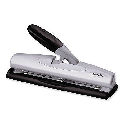 Swingline 12-Sheet LightTouch Desktop Two- to Three-Hole Punch, 9/32" Holes, Black/Silver (SWI74026)