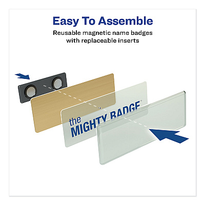 Avery The Mighty Badge Name Badge Holder Kit, Horizontal, 3 x 1, Laser, Gold, 50 Holders/120 Inserts (AVE71207)