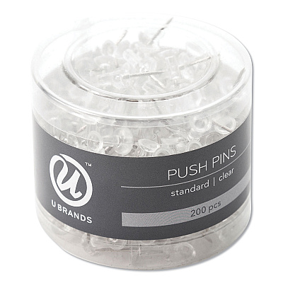 U Brands Standard Push Pins, Plastic, Clear, 0.44", 200/Pack (UBR658U0824)