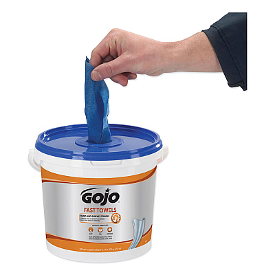 GOJO FAST TOWELS Hand Cleaning Towels, 7.75 x 11, Fresh Citrus, Blue, 130/Bucket, 4 Buckets/Carton (GOJ6298)