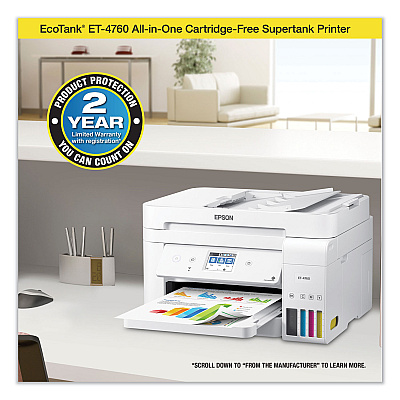 Epson EcoTank ET-4760 All-in-One Supertank Printer, Copy Fax/Print/Scan (C11CG19204C)