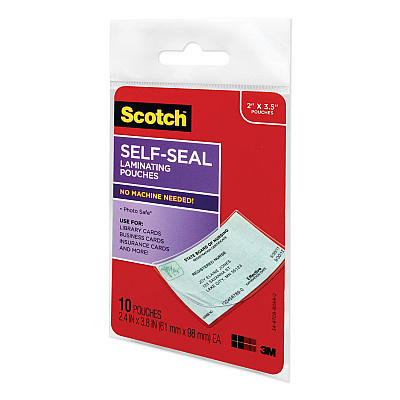Scotch Self-Sealing Laminating Pouches, 9 mil, 3.8" x 2.4", Gloss Clear, 10/Pack (MMMLS85110G)