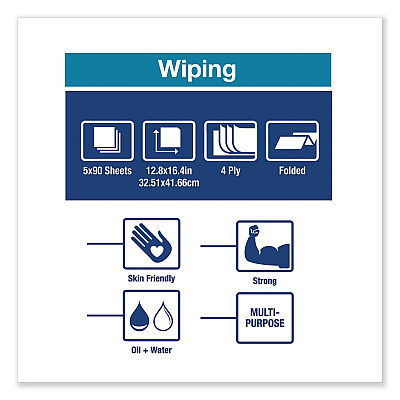 Tork Industrial Paper Wiper, 4-Ply, 12.8 x 16.4, Unscented, Blue, 90/Pack, 5 Packs/Carton (TRK440278)