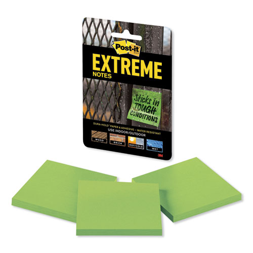 Post-it Extreme Notes Water-Resistant Self-Stick Notes, 3" x 3", Green, 45 Sheets/Pad, 3 Pads/Pack (XTRM333TRYGN)
