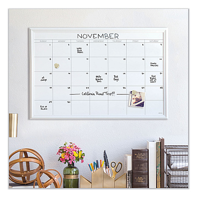 U Brands Magnetic Dry Erase Calendar with Decor Frame, One Month, 30 x 20, White Surface, White Wood Frame (UBR2075U0001)