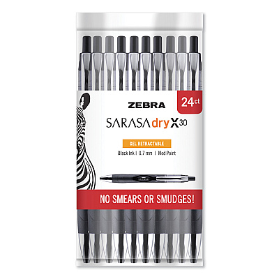 Zebra Sarasa Dry Gel X30 Gel Pen, Retractable, Medium 0.7 mm, Black Ink, Black/Silver Barrel, 24/Pack (ZEB47024)