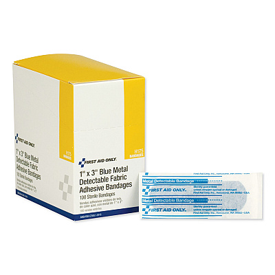 First Aid Only Adhesive Blue Metal Detectable Bandages, 1 x 3, Plastic with Foil, 100/Box, 12 Boxes/Carton (FAOH175)