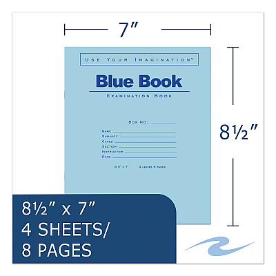 Roaring Spring Examination Blue Book, Wide/Legal Rule, Blue Cover, (4) 8.5 x 7 Sheets (77510)