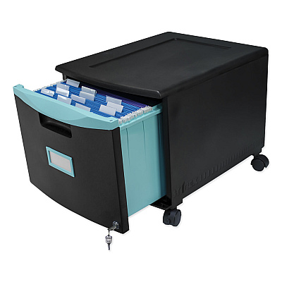 Storex Single-Drawer Mobile Filing Cabinet, 1 Legal/Letter-Size File Drawer, Black/Teal, 14.75" x 18.25" x 12.75" (STX61270U01C)