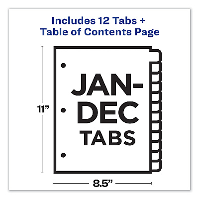 Avery Customizable TOC Ready Index Multicolor Tab Dividers, 12-Tab, Jan. to Dec., 11 x 8.5, White, Contemporary Color Tabs, 1 Set (AVE11847)