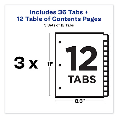 Avery Customizable Table of Contents Ready Index Dividers with Multicolor Tabs, 12-Tab, 1 to 12, 11 x 8.5, White, 3 Sets (AVE11083)