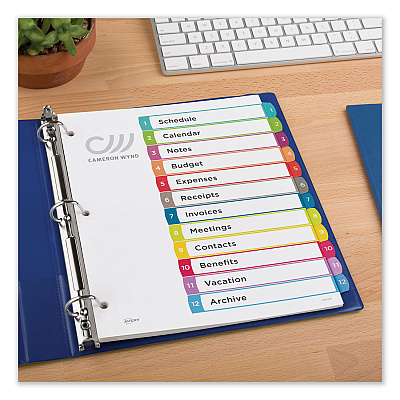 Avery Customizable TOC Ready Index Multicolor Tab Dividers, 12-Tab, 1 to 12, 11 x 8.5, White, Contemporary Color Tabs, 1 Set (AVE11843)