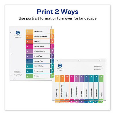 Avery Customizable TOC Ready Index Multicolor Tab Dividers, Uncollated, 10-Tab, 1 to 10, 11 x 8.5, White, 24 Sets (AVE11169)