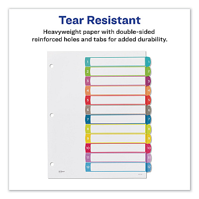 Avery Customizable TOC Ready Index Multicolor Tab Dividers, 12-Tab, 1 to 12, 11 x 8.5, White, Contemporary Color Tabs, 1 Set (AVE11843)
