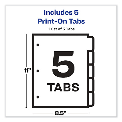 Avery Customizable Print-On Dividers, 3-Hole Punched, 5-Tab, 11 x 8.5, White, 1 Set (AVE11511)