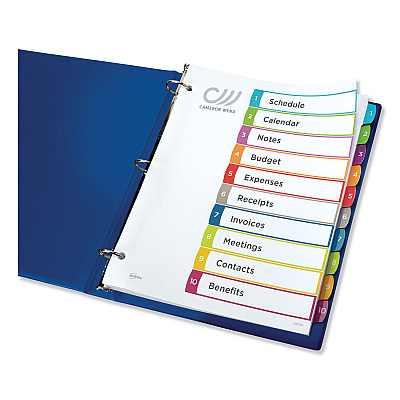 Avery Customizable TOC Ready Index Multicolor Tab Dividers, 10-Tab, 1 to 10, 11 x 8.5, White, Contemporary Color Tabs, 1 Set (AVE11842)
