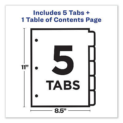 Avery Customizable TOC Ready Index Multicolor Tab Dividers, 5-Tab, 1 to 5, 11 x 8.5, White, Contemporary Color Tabs, 1 Set (AVE11840)