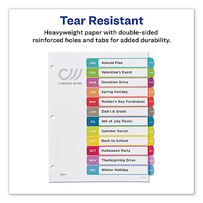 Avery Customizable TOC Ready Index Multicolor Tab Dividers, 12-Tab, Jan. to Dec., 11 x 8.5, White, Contemporary Color Tabs, 1 Set (AVE11847)