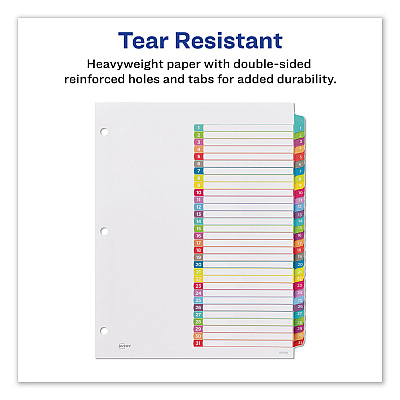 Avery Customizable TOC Ready Index Multicolor Tab Dividers, 31-Tab, 1 to 31, 11 x 8.5, White, Contemporary Color Tabs, 1 Set (AVE11846)
