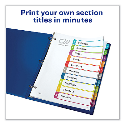 Avery Customizable TOC Ready Index Multicolor Tab Dividers, 10-Tab, 1 to 10, 11 x 8.5, White, Contemporary Color Tabs, 1 Set (AVE11842)