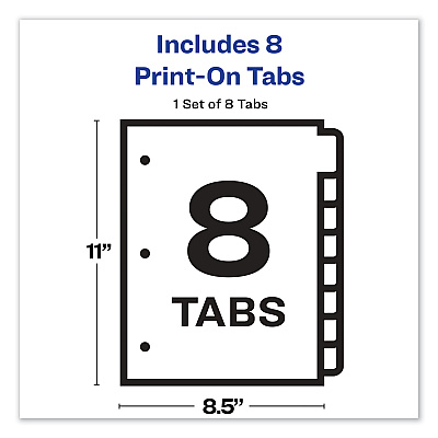 Avery Customizable Print-On Dividers, 3-Hole Punched, 8-Tab, 11 x 8.5, White, 1 Set (AVE11528)