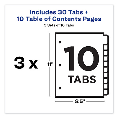 Avery Customizable Table of Contents Ready Index Dividers with Multicolor Tabs, 10-Tab, 1 to 10, 11 x 8.5, White, 3 Sets (AVE11082)