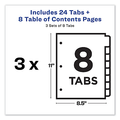 Avery Customizable Table of Contents Ready Index Dividers with Multicolor Tabs, 8-Tab, 1 to 8, 11 x 8.5, White, 3 Sets (AVE11081)