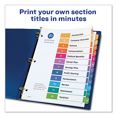 Avery Customizable Table of Contents Ready Index Dividers with Multicolor Tabs, 12-Tab, 1 to 12, 11 x 8.5, White, 3 Sets (AVE11083)