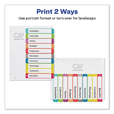 Avery Customizable TOC Ready Index Multicolor Tab Dividers, 10-Tab, 1 to 10, 11 x 8.5, White, Contemporary Color Tabs, 1 Set (AVE11842)