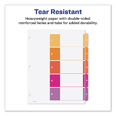 Avery Customizable Table of Contents Ready Index Dividers with Multicolor Tabs, 5-Tab, 1 to 5, 11 x 8.5, White, 3 Sets (AVE11080)