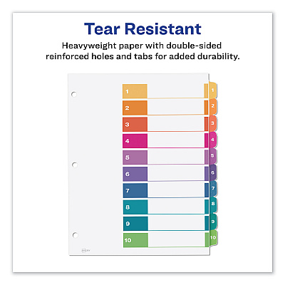Avery Customizable TOC Ready Index Multicolor Tab Dividers, Uncollated, 10-Tab, 1 to 10, 11 x 8.5, White, 24 Sets (AVE11169)