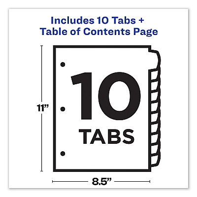 Avery Customizable TOC Ready Index Multicolor Tab Dividers, 10-Tab, 1 to 10, 11 x 8.5, White, Contemporary Color Tabs, 1 Set (AVE11842)