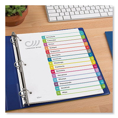 Avery Customizable TOC Ready Index Multicolor Tab Dividers, 15-Tab, 1 to 15, 11 x 8.5, White, Contemporary Color Tabs, 1 Set (AVE11845)