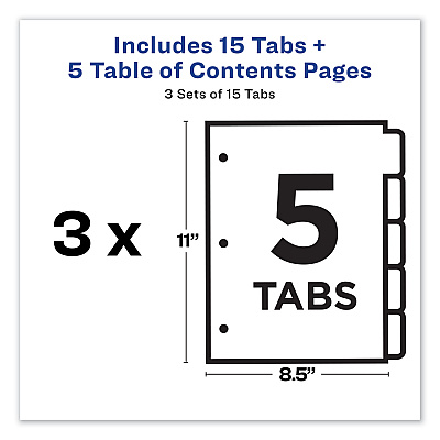 Avery Customizable Table of Contents Ready Index Dividers with Multicolor Tabs, 5-Tab, 1 to 5, 11 x 8.5, White, 3 Sets (AVE11080)