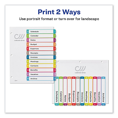 Avery Customizable TOC Ready Index Multicolor Tab Dividers, 12-Tab, 1 to 12, 11 x 8.5, White, Contemporary Color Tabs, 1 Set (AVE11843)