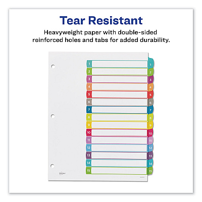 Avery Customizable TOC Ready Index Multicolor Tab Dividers, 15-Tab, 1 to 15, 11 x 8.5, White, Contemporary Color Tabs, 1 Set (AVE11845)
