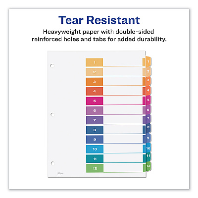 Avery Customizable Table of Contents Ready Index Dividers with Multicolor Tabs, 12-Tab, 1 to 12, 11 x 8.5, White, 3 Sets (AVE11083)