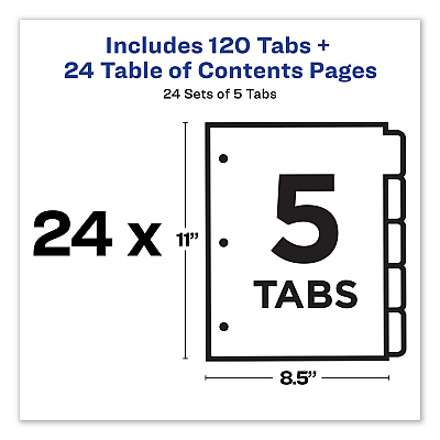 Avery Customizable TOC Ready Index Multicolor Tab Dividers, Uncollated, 5-Tab, 1 to 5, 11 x 8.5, White, 24 Sets (AVE11167)