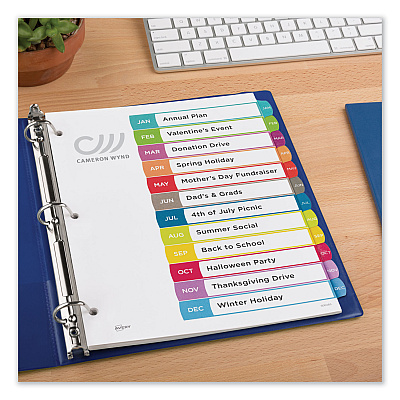 Avery Customizable TOC Ready Index Multicolor Tab Dividers, 12-Tab, Jan. to Dec., 11 x 8.5, White, Contemporary Color Tabs, 1 Set (AVE11847)