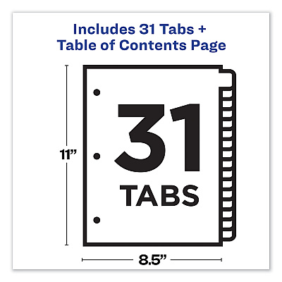 Avery Customizable TOC Ready Index Multicolor Tab Dividers, 31-Tab, 1 to 31, 11 x 8.5, White, Contemporary Color Tabs, 1 Set (AVE11846)