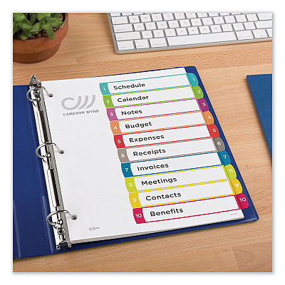 Avery Customizable TOC Ready Index Multicolor Tab Dividers, 10-Tab, 1 to 10, 11 x 8.5, White, Contemporary Color Tabs, 1 Set (AVE11842)