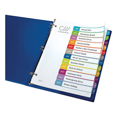 Avery Customizable TOC Ready Index Multicolor Tab Dividers, 12-Tab, Jan. to Dec., 11 x 8.5, White, Contemporary Color Tabs, 1 Set (AVE11847)