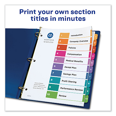Avery Customizable TOC Ready Index Multicolor Tab Dividers, Uncollated, 10-Tab, 1 to 10, 11 x 8.5, White, 24 Sets (AVE11169)