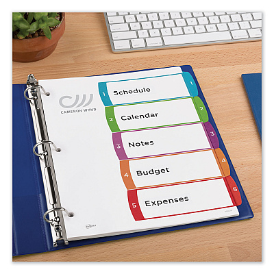 Avery Customizable TOC Ready Index Multicolor Tab Dividers, 5-Tab, 1 to 5, 11 x 8.5, White, Contemporary Color Tabs, 1 Set (AVE11840)
